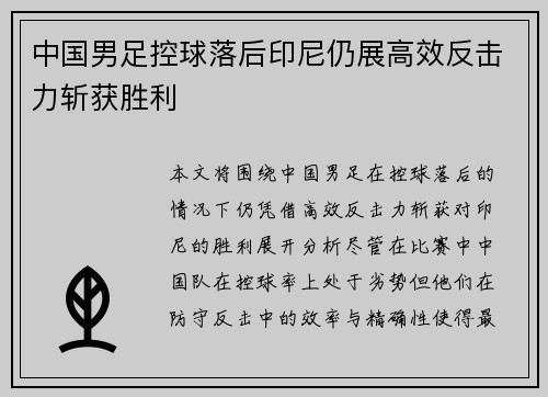 中国男足控球落后印尼仍展高效反击力斩获胜利